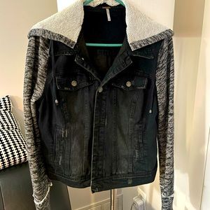 Free People,black denim jacket with cotton hood/sleeves.
